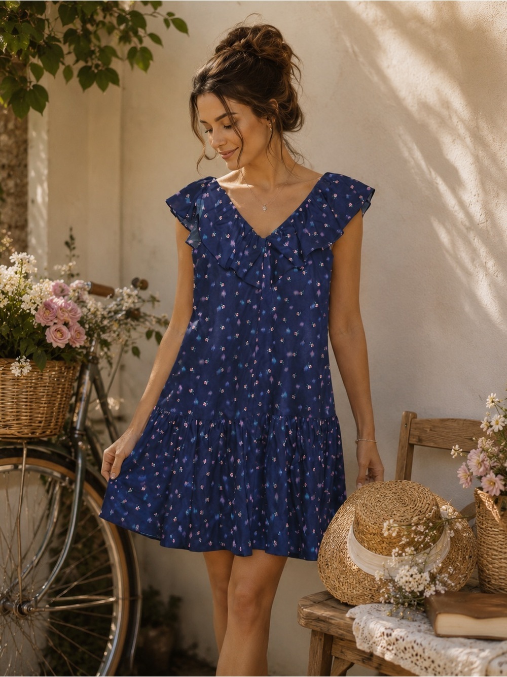Rebecca Taylor Farren Ruffle Navy Floral V-Neck Mini Dress Size 4 Linen Blend